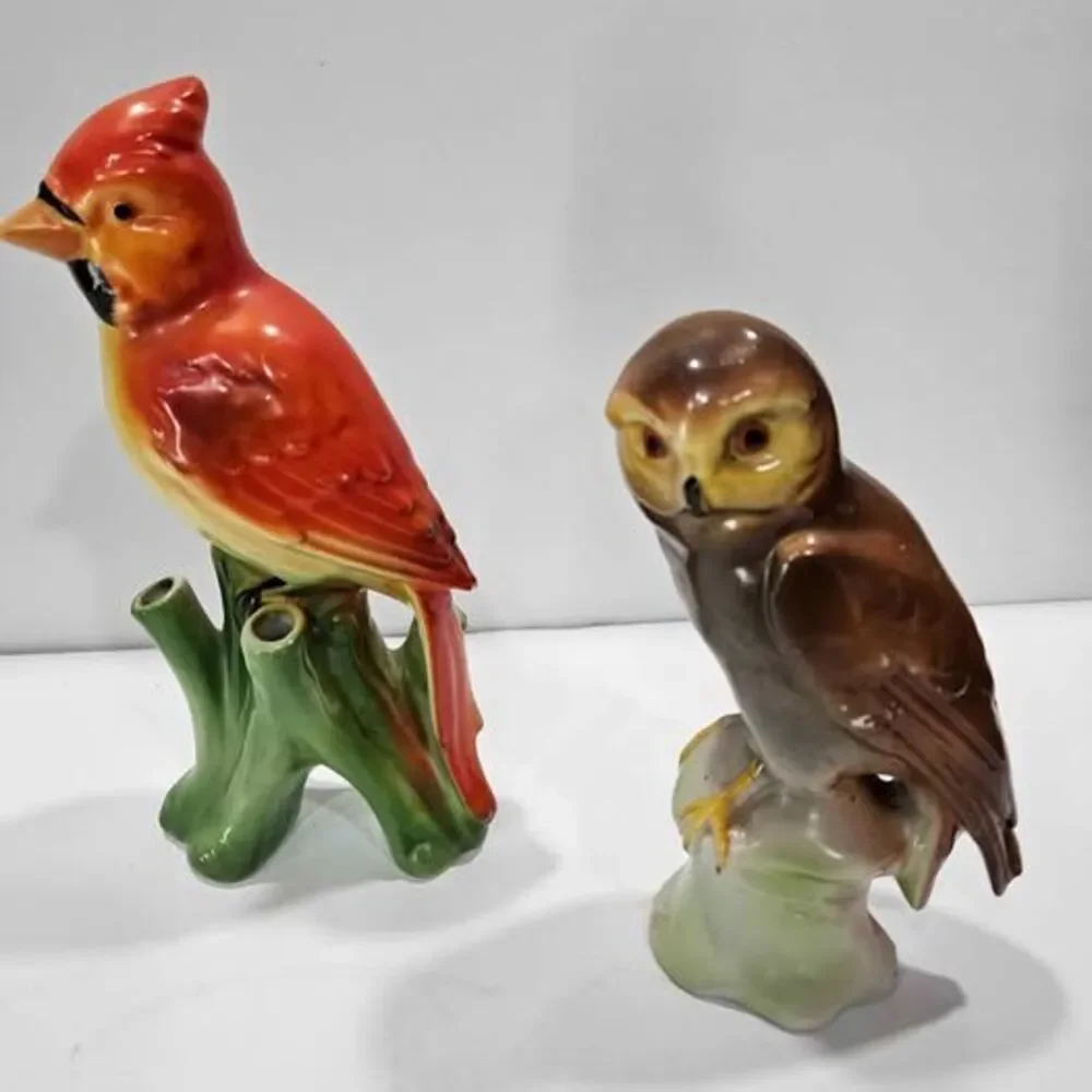 German Vintage Ceramic Cardinal and Owl Figurines